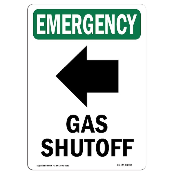 Safety Sign, OSHA EMERGENCY, 5" Height, Gas Shutoff (Left Arrow), Portrait, 10PK